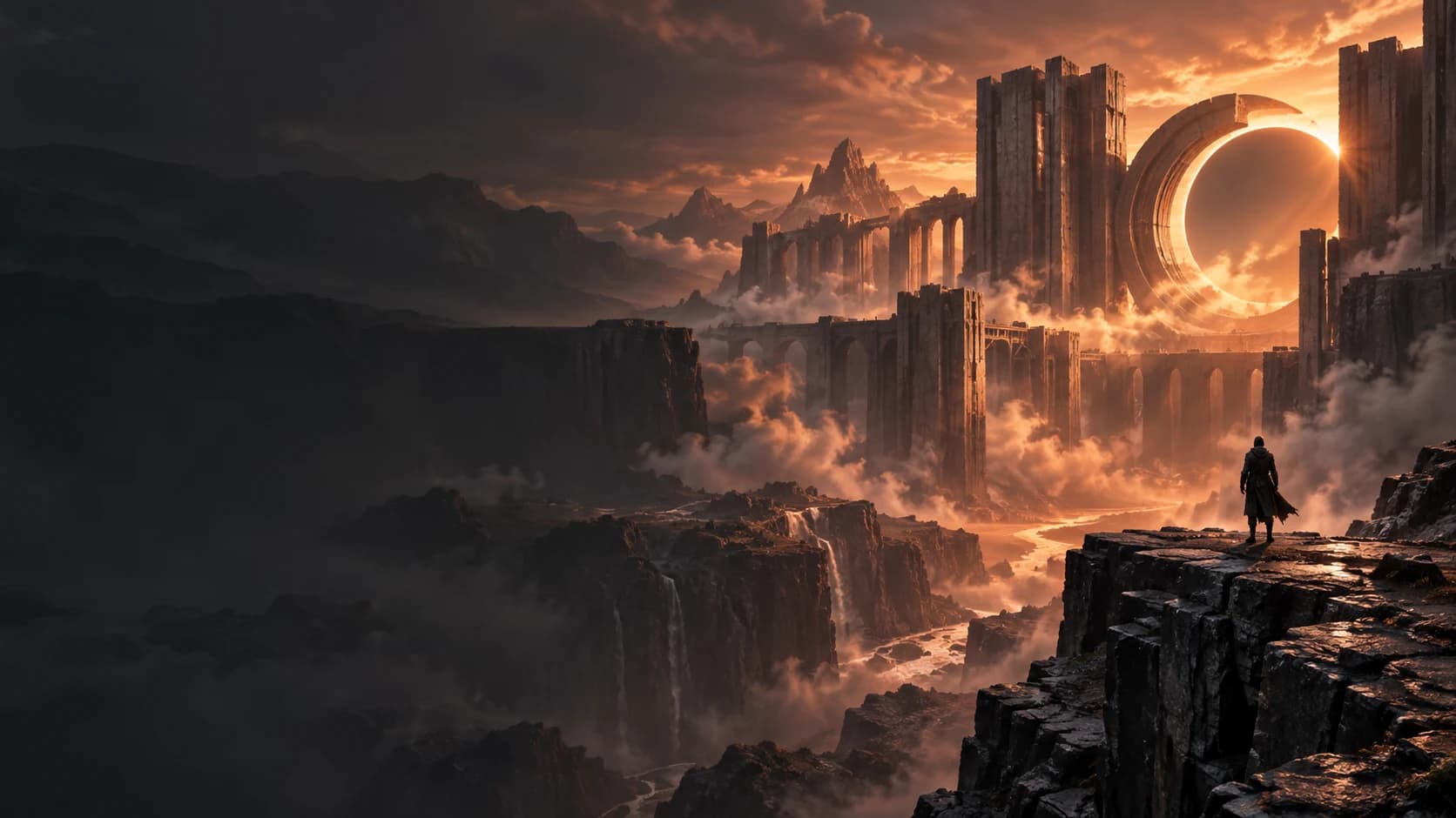 Concept artwork: a lone explorer overlooking monumental ruins in a misty red canyon