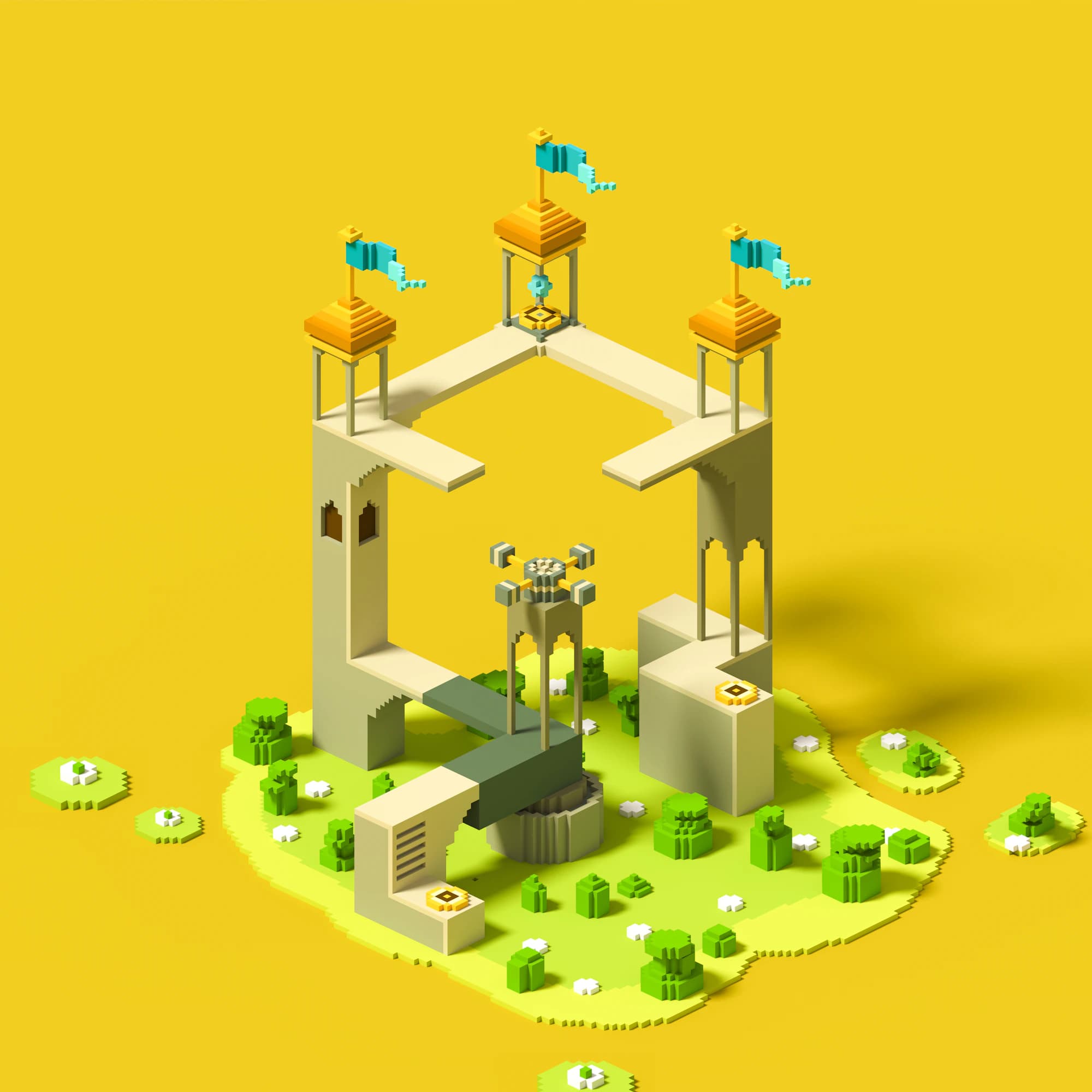 Colorful isometric architectural world with bridges and towers
