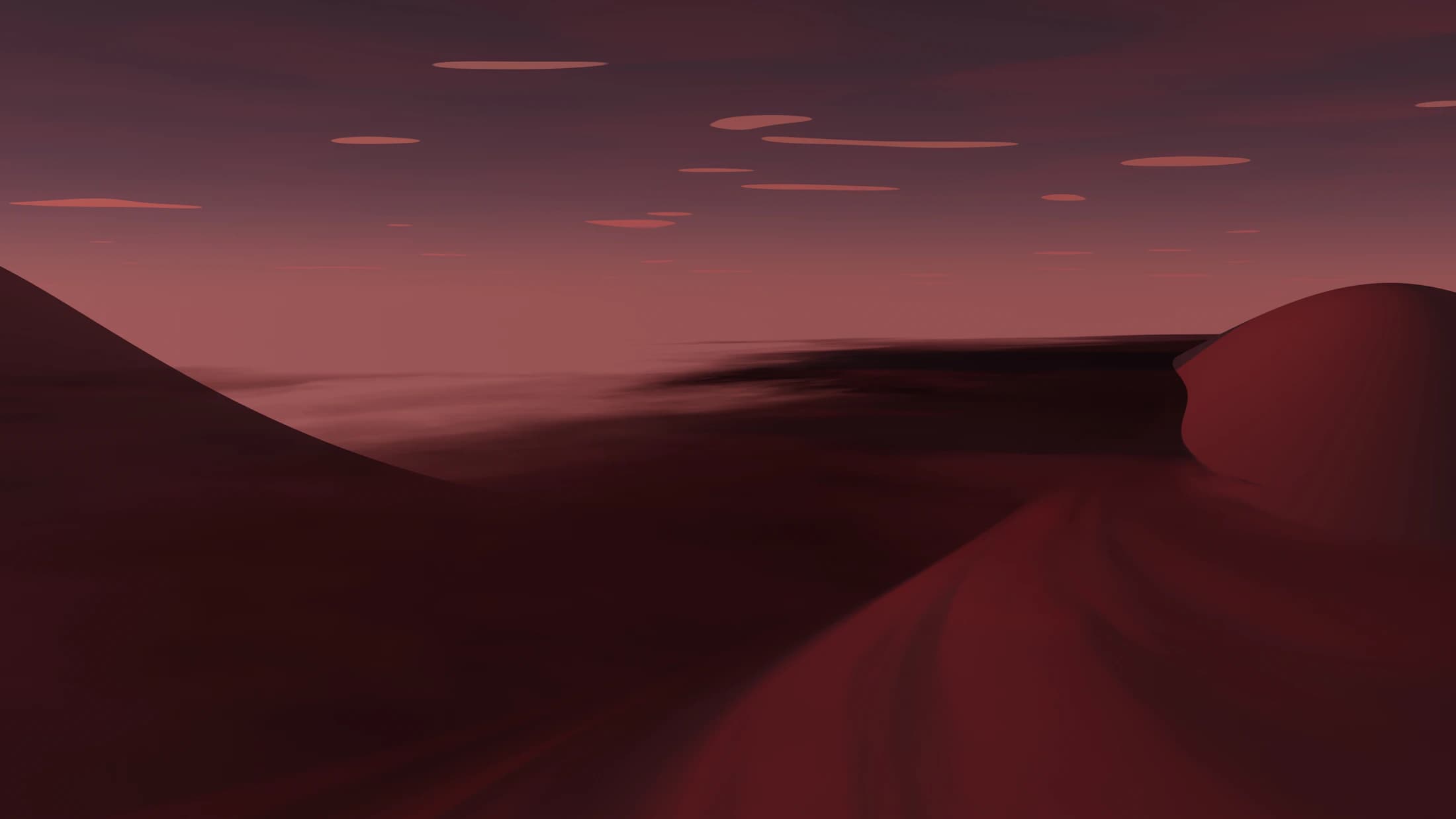 An atmospheric red desert with sculptural dunes and an alien sky
